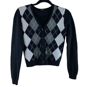 John Galt Brandy Melville Women’s Black‎ & Gray Argyle Cardigan Sweater One Size